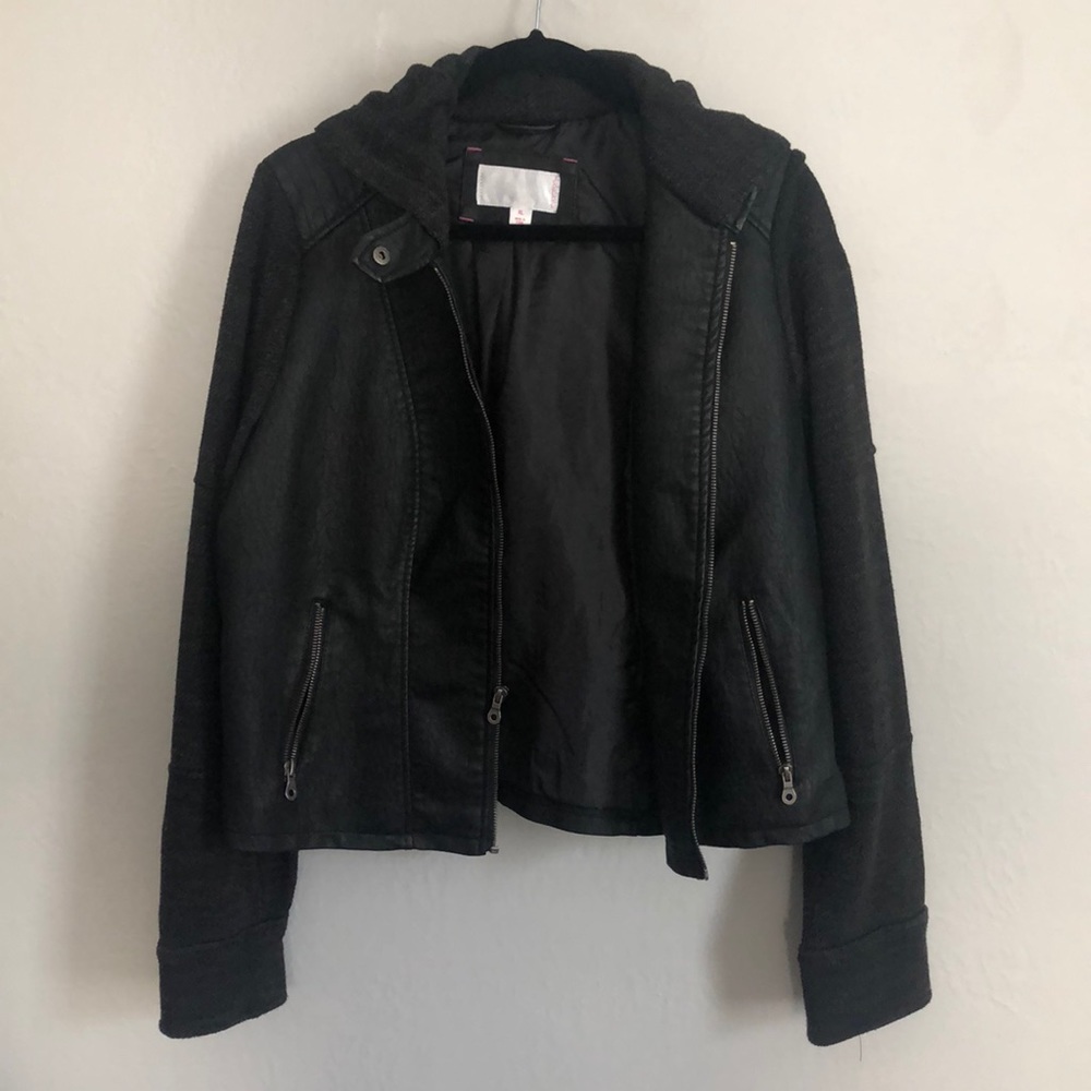 Faux Leather Hoodie with Woven Sleeves